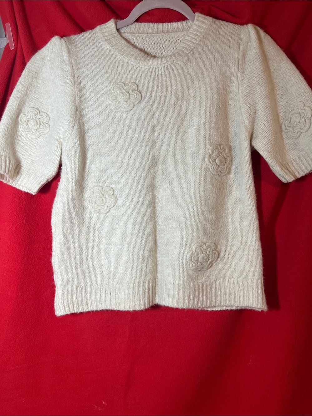 Unk Cream Short-Sleeve Crewneck Sweater with Floral Appliqués